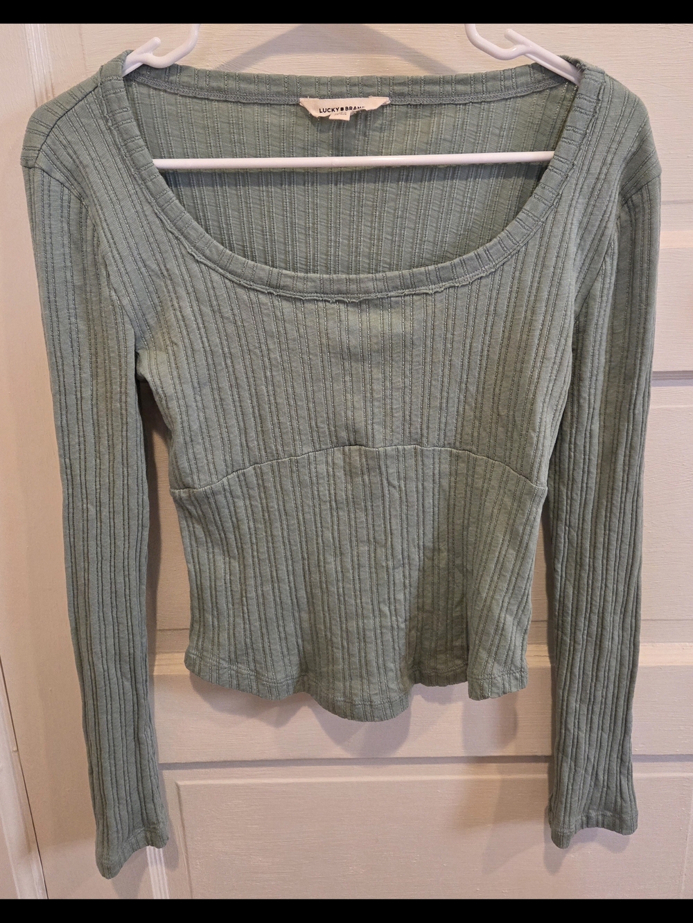Lucky Brand Ribbed Scoop-Neck Long Sleeve Top in Sage